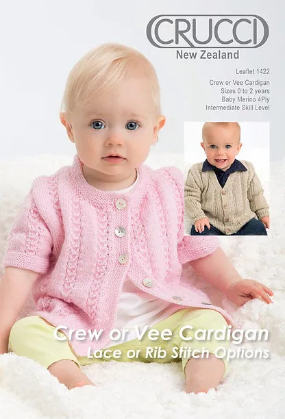 Crucci Knitting Pattern 1422  - Babies Cardigan with Crew or V-Neck in 4-ply / Fingering  for ages 0-24