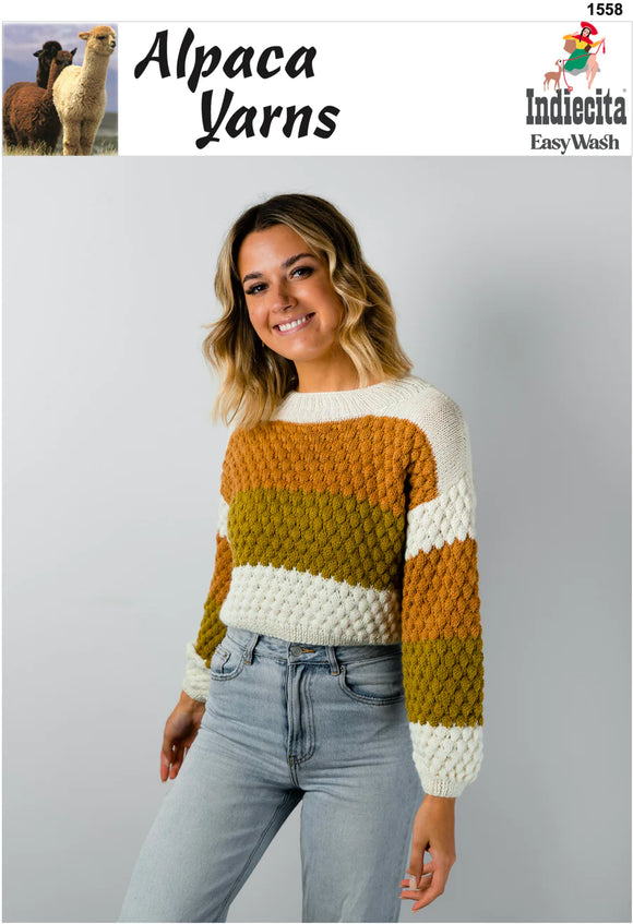 Indiecita Knitting Pattern 1563 -  Ladies Textured Pullover with dropped sleeves in 8-Ply / DK