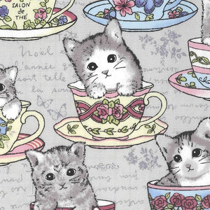 Toku - Lovely print with Kittens & Teacups on Soft Grey background
