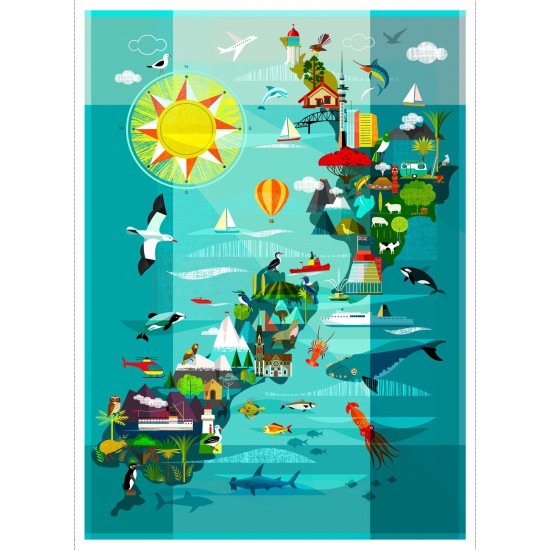 Scenic New Zealand - Graphic panel with New Zealand Map and Native Birds and Animals - Panel (80 cm wide)