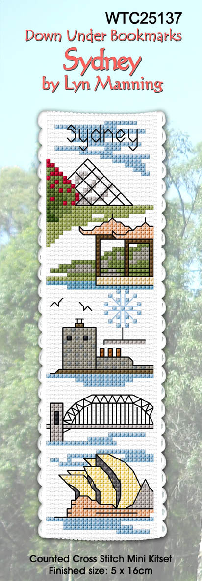 New Zealand designed Cross-stitch bookmark with Sydney motifs.