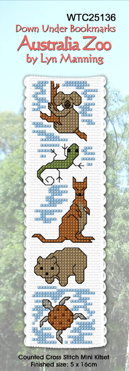 New Zealand designed Cross-stitch bookmark with Australian Zoo motifs.