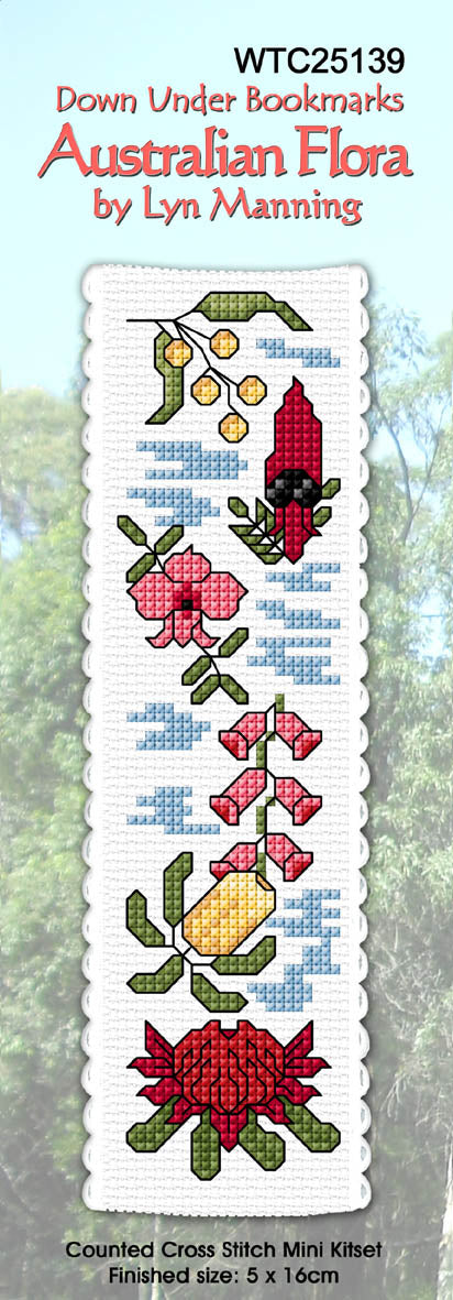 Cross-stitch bookmark with Australian plants.