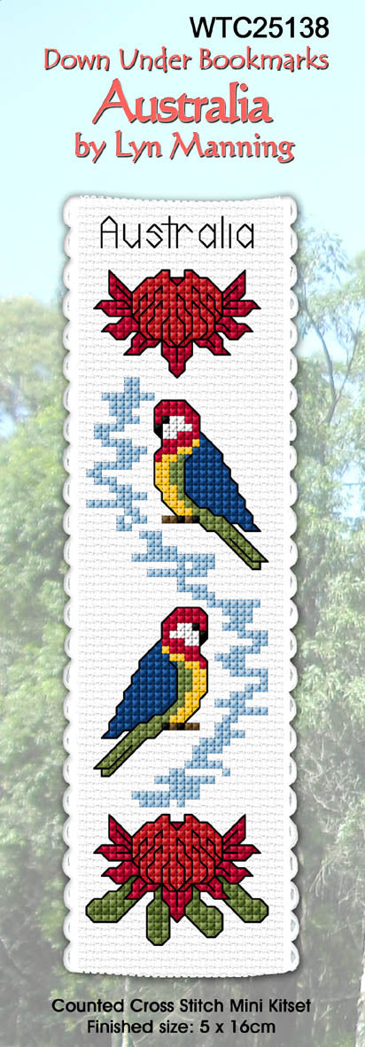 Cross-stitch bookmark with Australian motifs.