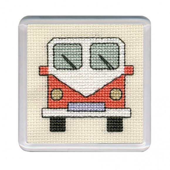 British Textile Heritage Cross-stitch Coaster kit - Orange Campervan