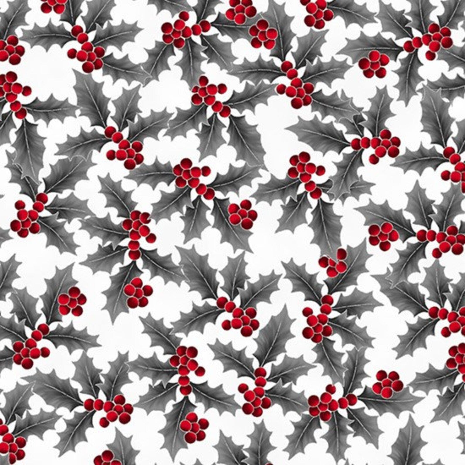A Christmas-themed fabric featuring holly design with silver and black colors on a white background.