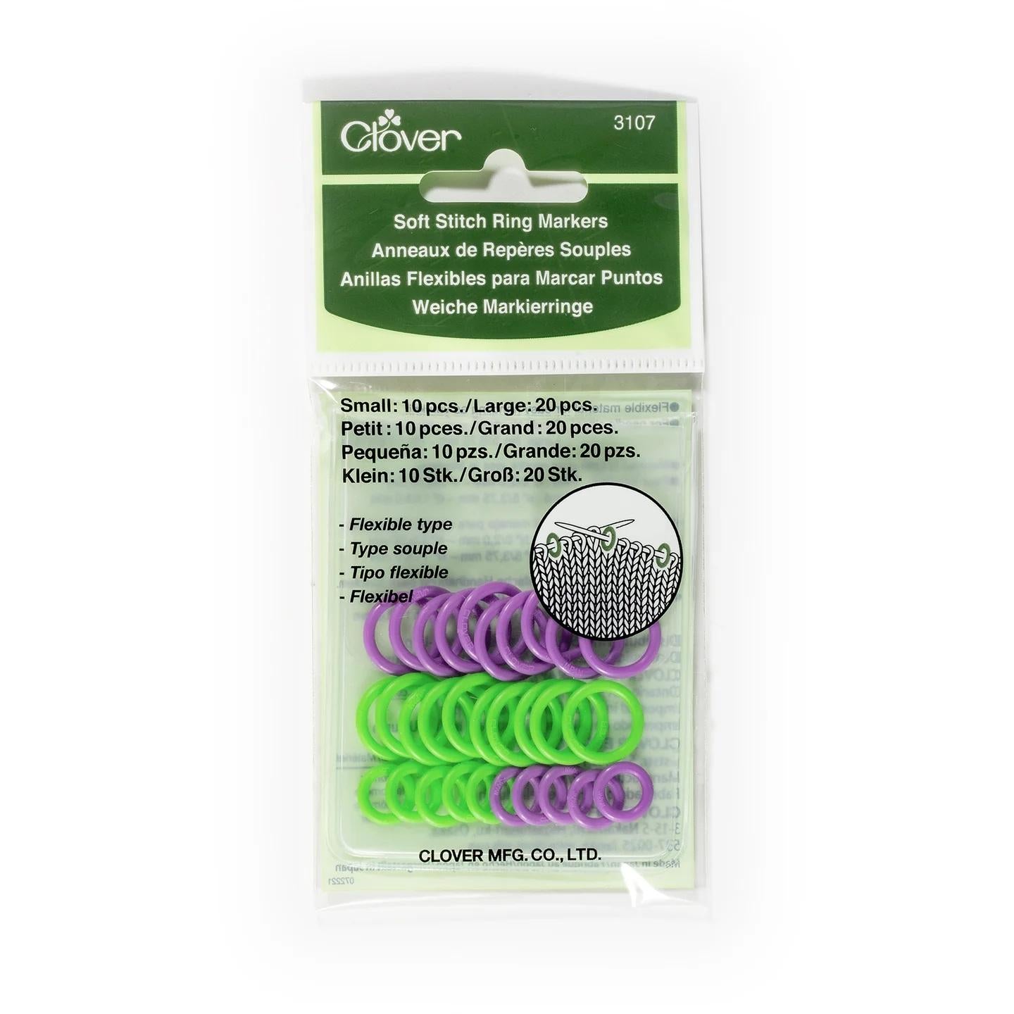 Pack of green and purple stitch ring markers with Clover branding on a white background
