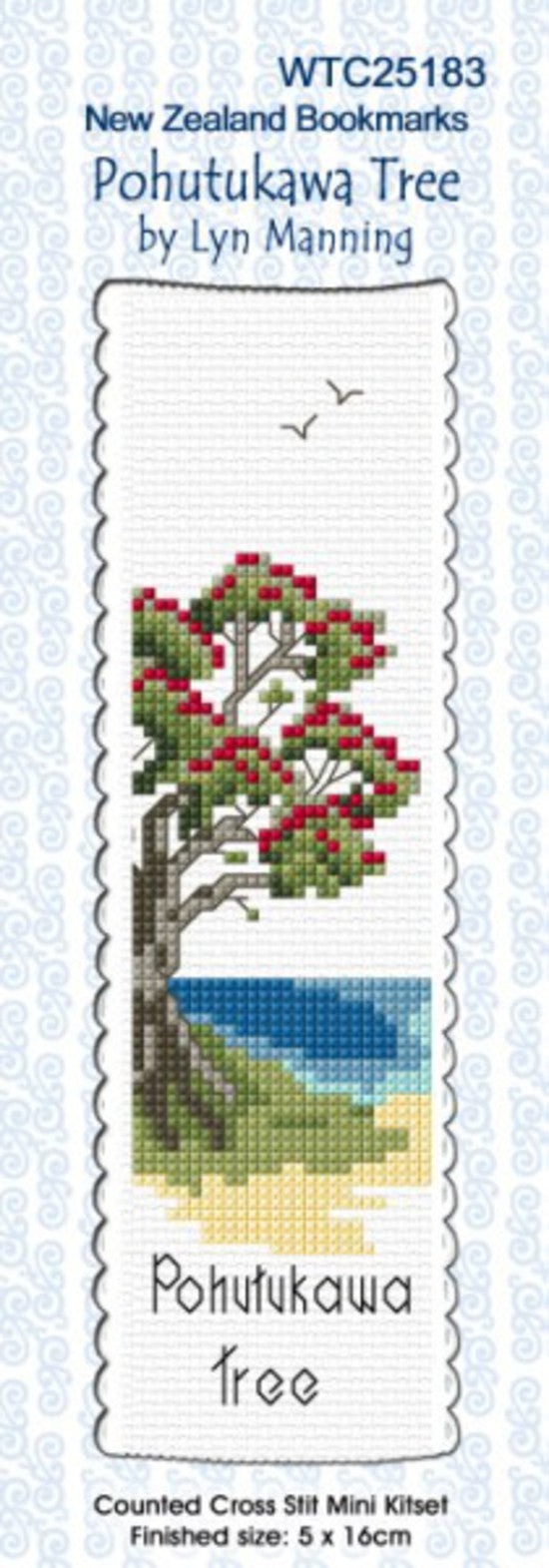 New Zealand designed Cross-stitch bookmark with a Pohutukawa Tree.