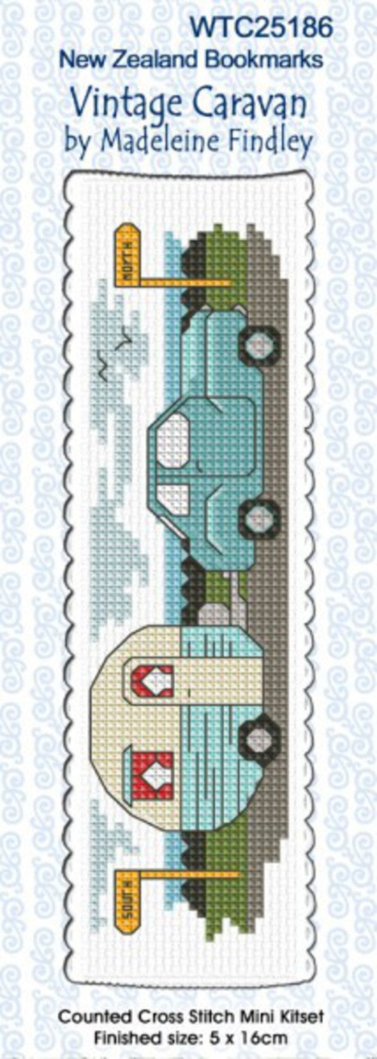 New Zealand designed Cross-stitch bookmark with a Vintage Caravan.