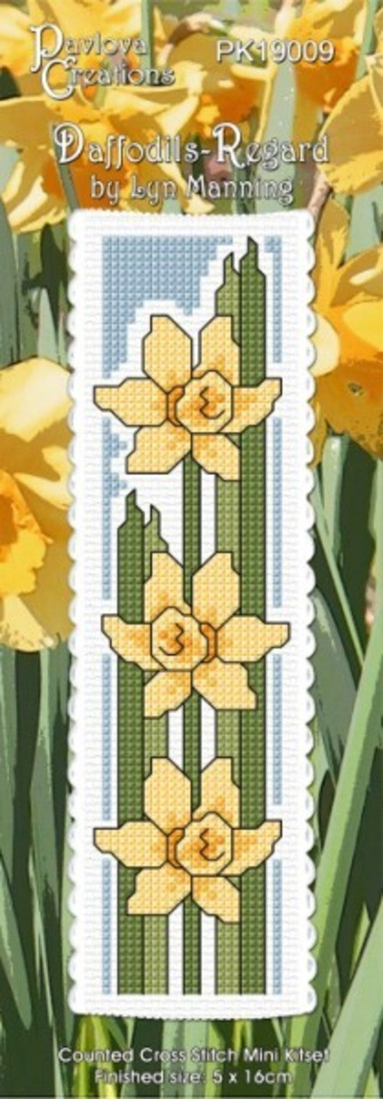 Cross-stitch kit for 'Daffodils' by Lyn Manning with yellow and green flowers on a white background.