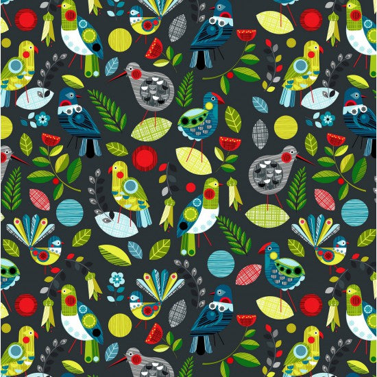 Colorful Quilt Fabric of stylized New Zealand birds and leaves on a dark charcoal grey background