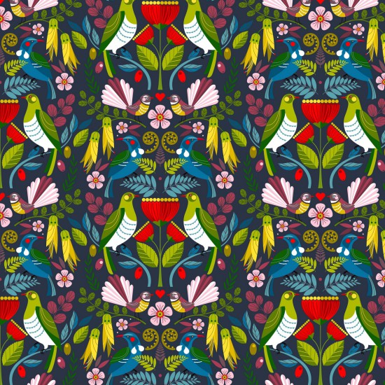 Colorful Quilt Fabric with native birds and flowers on a navy background.