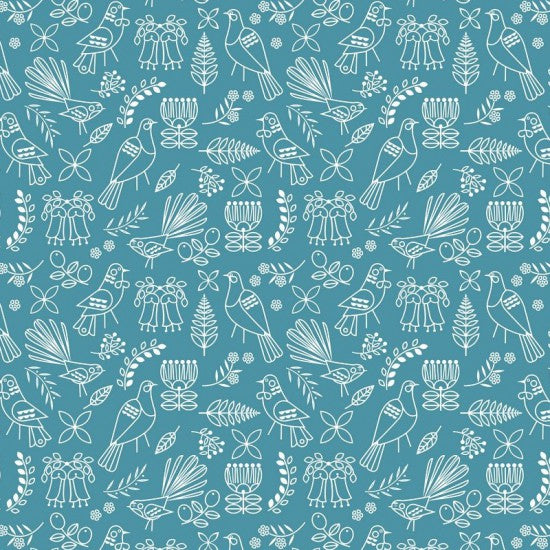 Quilt Fabric of white New Zealand birds and leaves on a blue background.