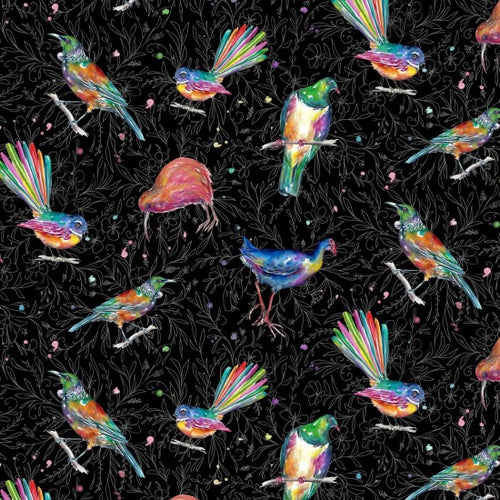 Colorful New Zealand quilt fabric with rainbow coloured brids on a black background.