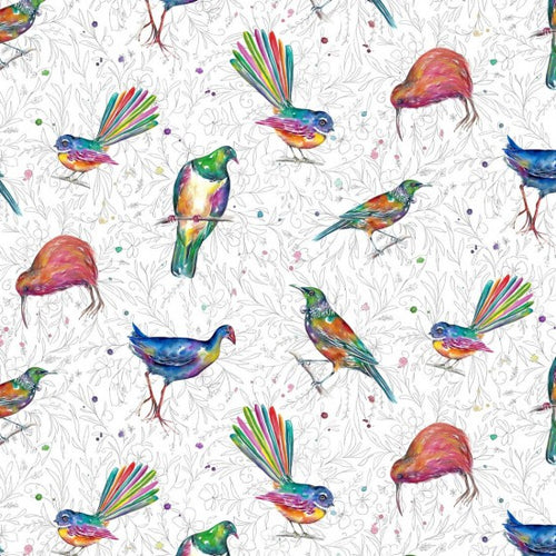 Quilt Fabric of colourful New Zealand birds on a white background.
