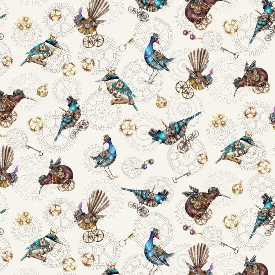 Quilt Fabric with steampunk-style birds and gears on a white background.