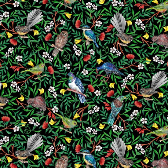 Quilt Fabric with New Zealand birds and flowers on a black background