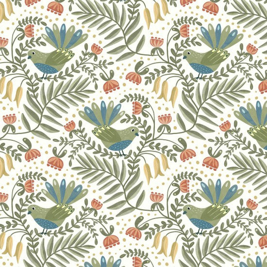 Quilt Fabric with native New Zealand Piwakawaka and foliage on a white background.