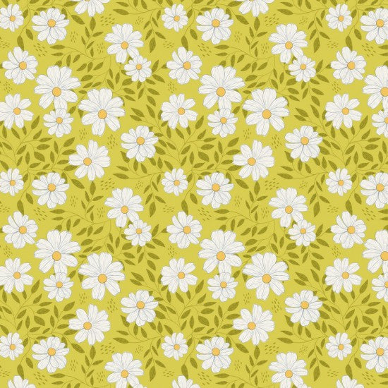 A Quilt fabric with a graphic print featuring white and sage green daisies on a mustard yellow background.