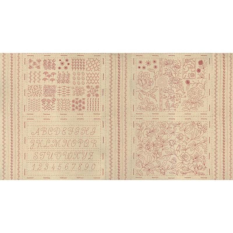 French General Embroidery Sampler unfinished with red embroidery patterns and letters on a beige linen background