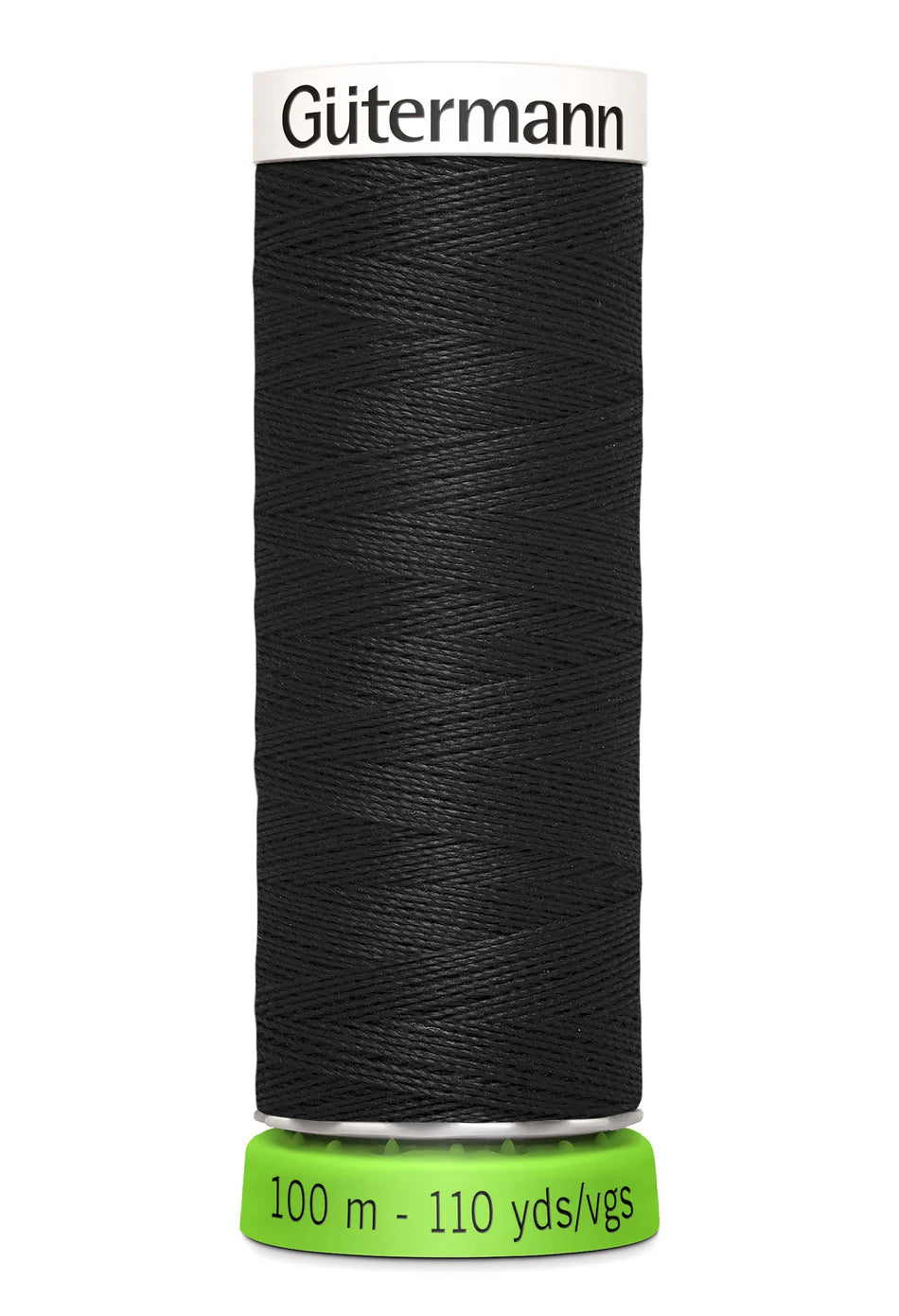 Spool of black thread with 'Gütermann' branding on a white background