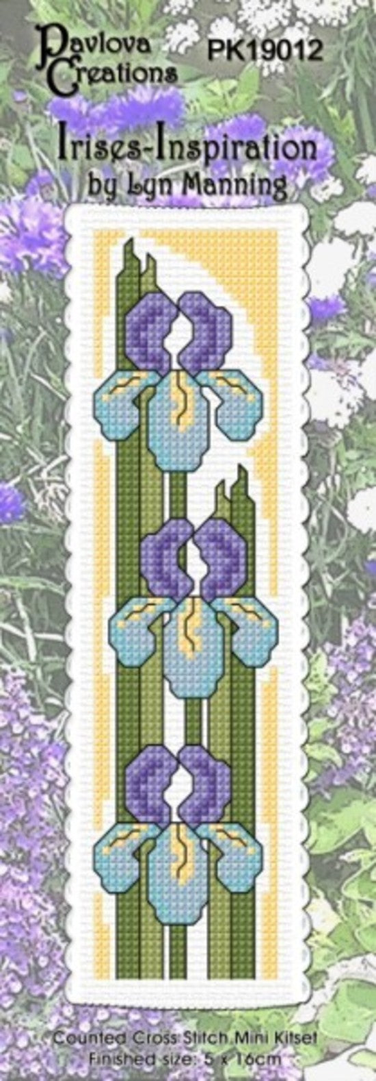 Cross-stitch kit for 'Irises' by Lyn Manning with purple and green flowers on a white background.