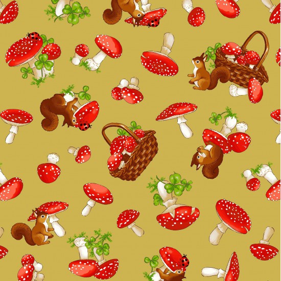 A Quilt fabric featuring illustrations of squirrels, mushrooms, and baskets on a yellow background.