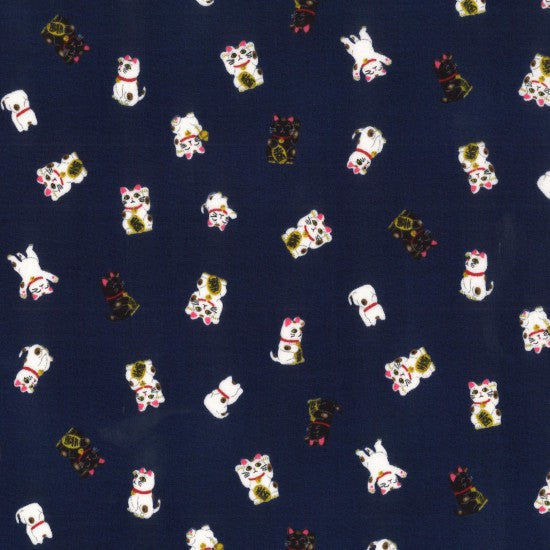 A fabric with a Japanese design featuring multi-coloured lucky cats on a linen-look indigo background.