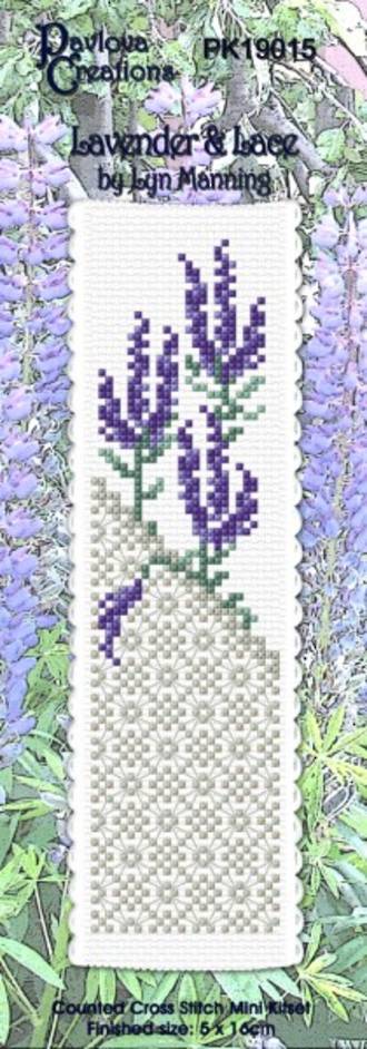 Cross-stitch kit for 'Lavender & Lace' by Lyn Manning with purple and green flowers on a white background.