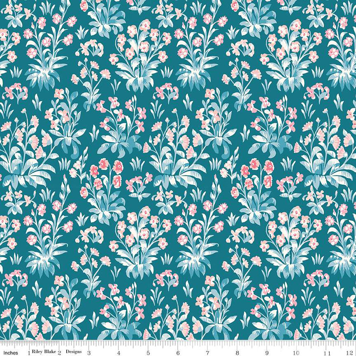 A Quilting fabric from the Liberty of London Parks Collection featuring a floral design with pink and blue flowers on a darker background.