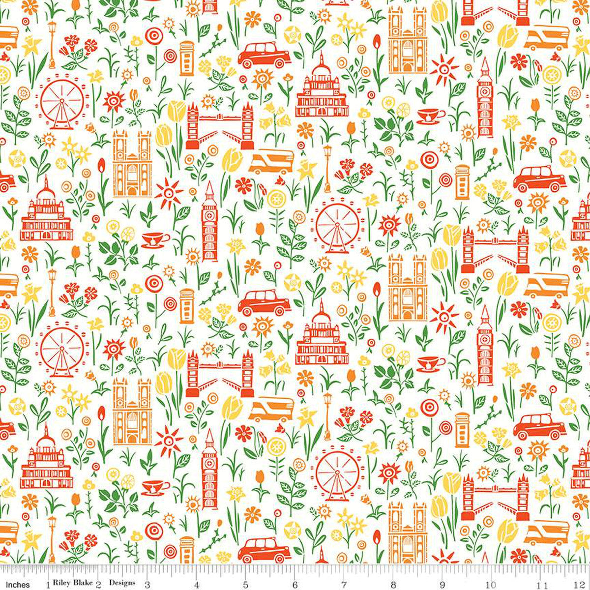 Liberty of London Quilting fabric design in with London motifs in orange green and yellow