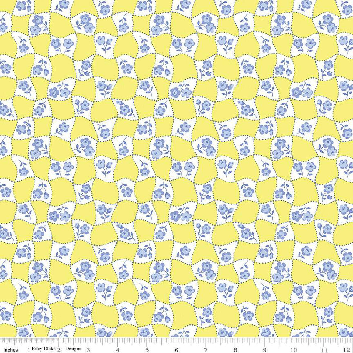 A patterned fabric from Liberty of London, featuring a yellow background with blue floral posy designs.