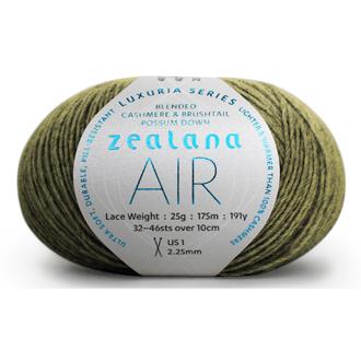 Ball of medium olive green yarn with a 'Zealana Air Lace' label on a white background