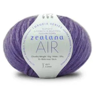 Ball of purple yarn with a 'Zealana Air Lace' label on a white background