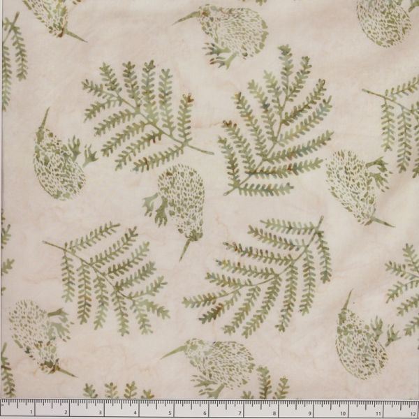New Zealand designed quilt fabric with Kiwi birds and ferns in sage green on off-white