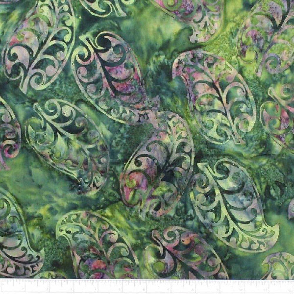 New Zealand designed quilt fabric with Maori style leaf design in green and purple