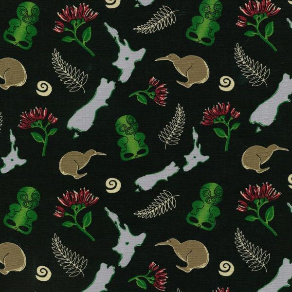Quilt Fabric of Kiwi birds, Pohutakawa, ferns, Tiki, and a Map of the New Zealand Islands on a black background