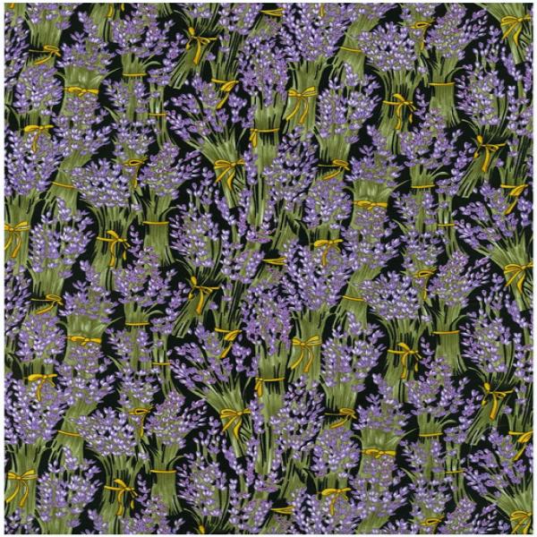 Quilt Fabric of lavender bouquets with yellow ribbons on a black background