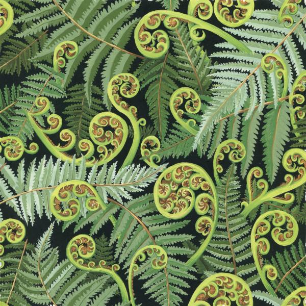 Native New Zealand fern design with a design of green fronds and ferns on a black background.