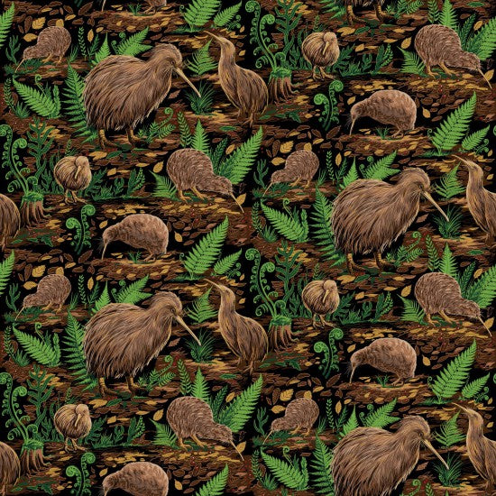 Quilt Fabric with kiwi birds and green ferns on a dark forest background