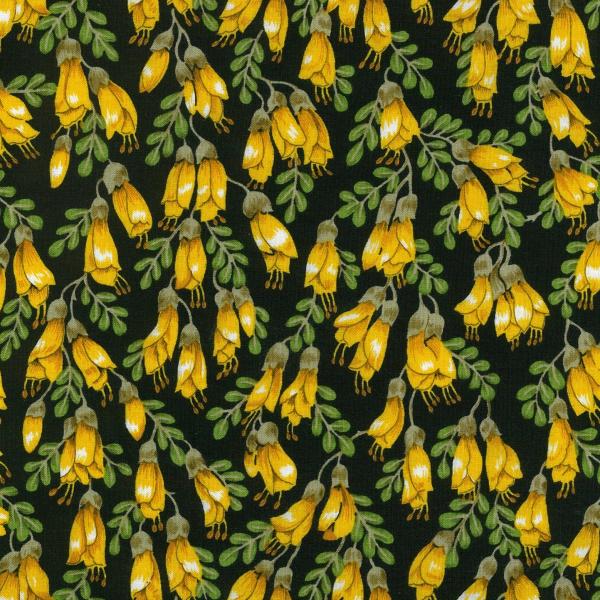Quilt Fabric of yellow Kowhai flowers with green leaves on a black background
