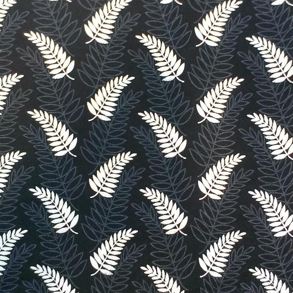 White fern design on a black background, an icon of New Zealand.