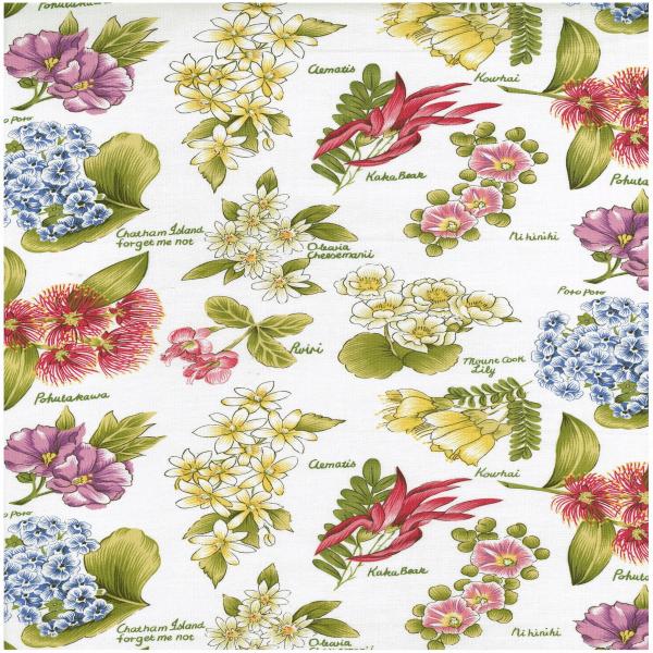 Quilt Fabric with various New Zealand native flowers with their names on the fabric to identify each flower