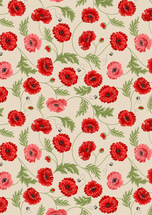 Poppies with Leaves and Bees with Ecru Background