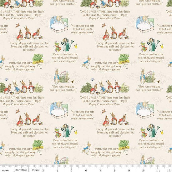 Printed Quilt fabric featuring Peter Rabbit and friends on a cream background with text from the book.