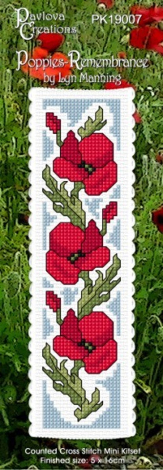 Cross-stitch kit for 'Poppies' by Lyn Manning with red and green flowers on a white background.