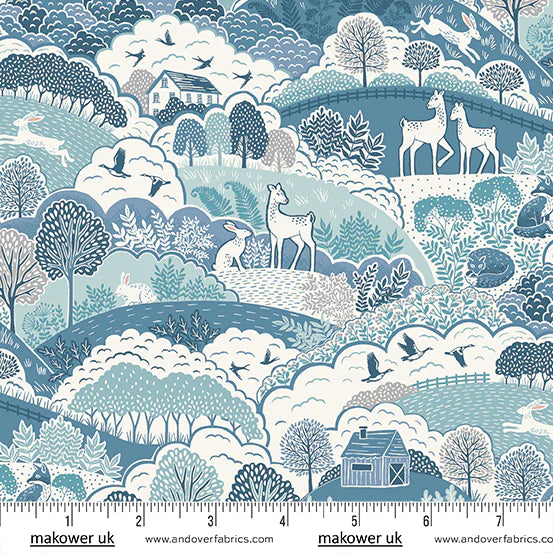 A printed cotton fabric featuring a toile Quilt Fabric with forest design in various shades of blue on an off-white background.