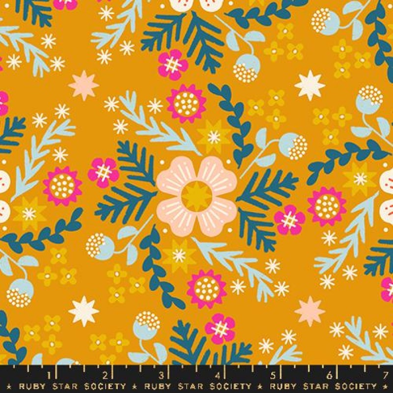A cotton canvas weight swatch of fabric with flowers in shades of pink, ochre and white.