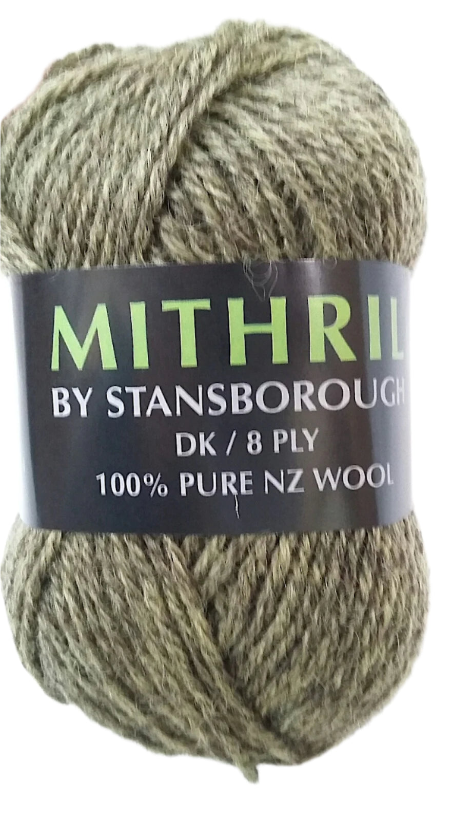 Ball of green yarn with a 'Mithril by Stansborough' label on a white background