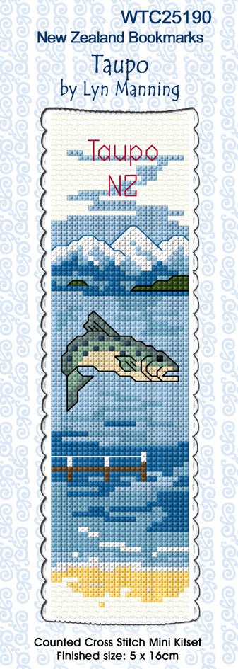 New Zealand designed Cross-stitch bookmark with Taupo motifs.